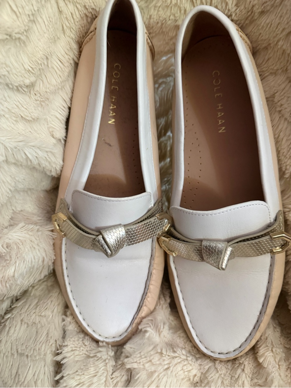 Cole Haan Cream Leather Loafers with Gold Accent Strap